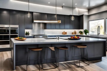 Modern grey kitchen features dark grey flat front cabinets paired with white quartz countertops - obrazy, fototapety, plakaty