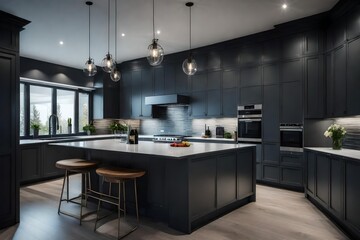 Modern grey kitchen features dark grey flat front cabinets paired with white quartz countertops