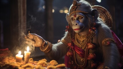 A close-up of a priest performing an elaborate aarti ceremony for Hanuman. - obrazy, fototapety, plakaty