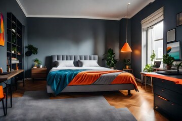 Bedroom with grey walls and grey bed with colorful pillows and orange lamp.
