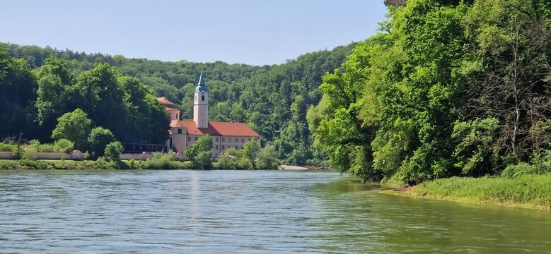 Weltenburg,Germany-April 2023.Weltenburg Abbey, Kelheim. Donau opening near Weltenburg Abbey, Kelheim, Bavaria Monastery.This landmark is a Benedictine monastery in Weltenburg in Kelheim on the Danube