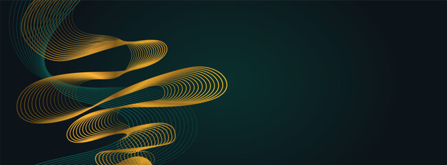 Luxury dark green abstract background with glowing golden wave. Modern green gradient flowing gold wave lines. Shiny futuristic technology concept. Vector illustration