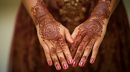 A close-up of an intricately designed henna pattern on a bride's hand, incorporating a tiny Ganesh as a symbol of luck and prosperity.