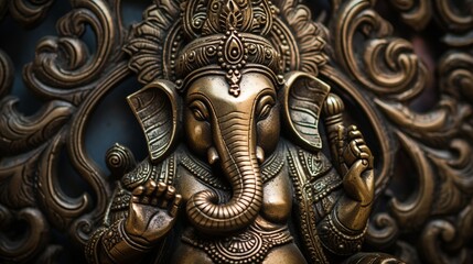 A close-up of a vintage brass Ganesh artifact, capturing the play of light on its intricate engravings.