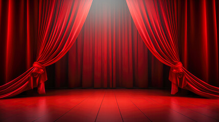 Red stage curtain with spotlight and wooden floor.
