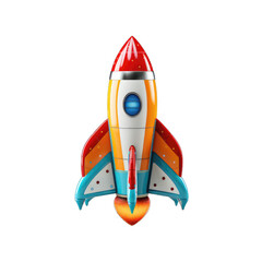 3D model of a rocket toy with flames in flight isolated on transparent and white background. PNG...