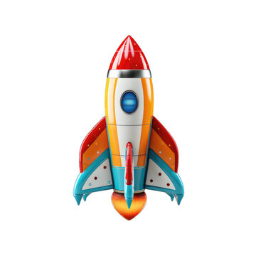 3D model of a rocket toy with flames in flight isolated on transparent and white background. PNG transparent