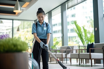 Janitor Using Vacuum Cleaner For Professional Carpet Cleaning Service