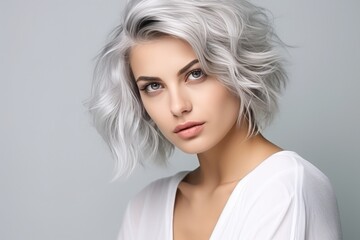 Lady With Silver Hair And Distinctive Presence On The Background Of White Wall