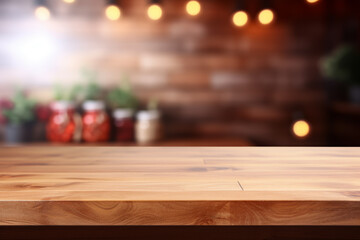Naklejka na ściany i meble Wooden table on blurred kitchen bench background. Empty wooden table and blurred kitchen background. Generative Ai
