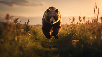 a bear walking in a field during sunset - obrazy, fototapety, plakaty