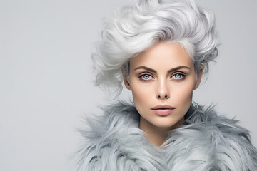 Lady With Unique Silver Hair And Standout Appearance On The Background Of White Wall
