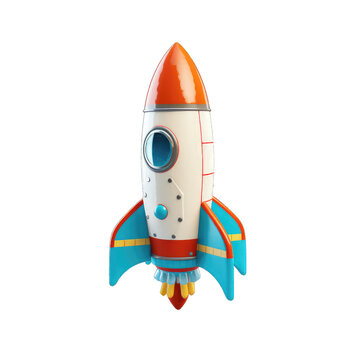 3D model of a rocket toy with flames in flight isolated on transparent and white background. PNG transparent