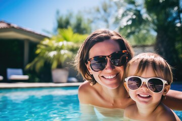 Mother And Daughter Enjoying Sunny Poolside Summer Afternoon