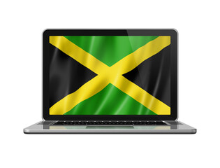 Jamaican flag on laptop screen isolated on white. 3D illustration