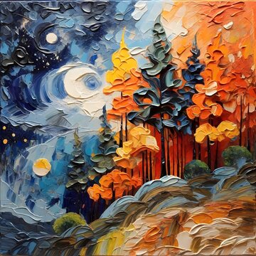 Original oil painting on canvas of autumn landscape with forest, river, and moon on bright starry night in impressionism style