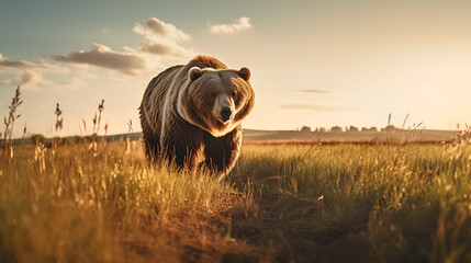 a bear walking in a field during sunset - obrazy, fototapety, plakaty