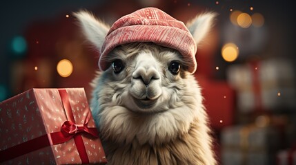 Alpaca with christmas gifts