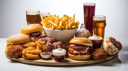 Harmful, not healthy fast food in the form of hamburgers, fries, carbonated drinks, chicken nuggets. fatty, unhealthy foods, fast carbohydrates