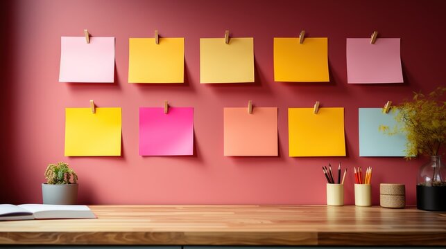 Yellow and pink Sticky notes on the desk, planning work time and tasks. Time managment conception at work