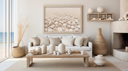 A coastal-themed living room with seashell and driftwood wall art, evoking a tranquil beach vibe. - obrazy, fototapety, plakaty