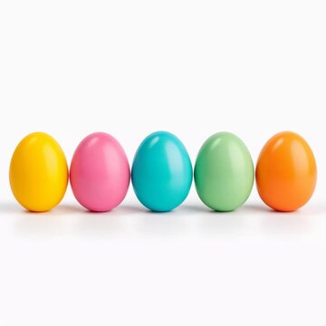 Bright, colorful Easter eggs in a row, isolated on white, AI generator