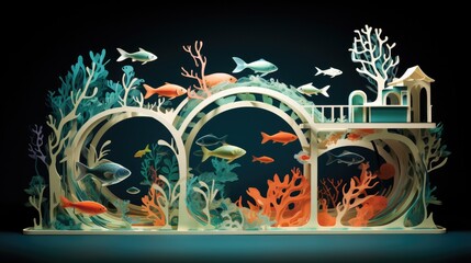 A paper cut aquarium scene with fish and corals. Generative AI.