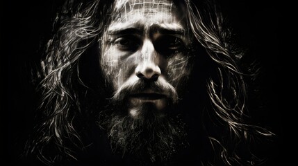 Jesus Christ , Close UP drawn with white ink on black paper -Generative AI
