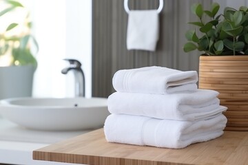 Fototapeta na wymiar Towel On Wooden Counter In Front Of Bathroom Cleanliness And Organization