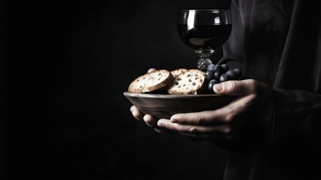 Catholic communion cup full of red wine and Communion bread on a hand -Generative AI