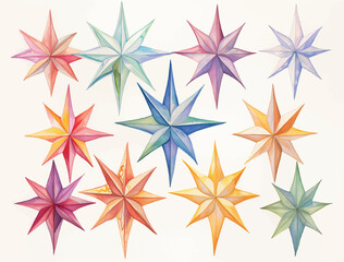 multi pointed gold and rainbow star, water color, white background illustration