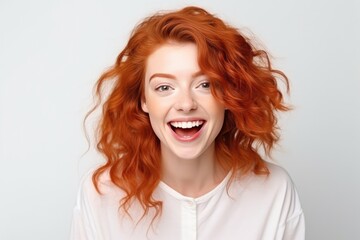 Fototapeta premium Vibrant Redhead Exuding Bright And Cheerful Personality On The Background Of White Wall