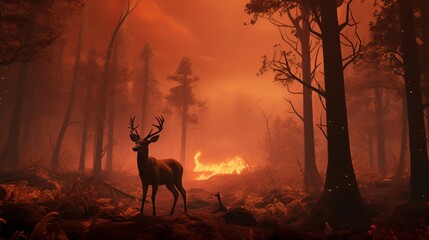 Fearless Majestic Deer Amidst Blazing Forest, Engulfed in Flames and Shrouded by Billowing Smoke