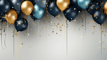 Holiday background with golden and blue metallic balloons