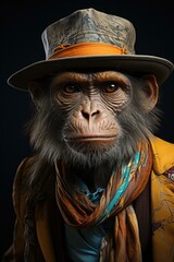 Obraz premium A playful monkey wearing a stylish hat and scarf, adding a touch of charm to its adorable appearance. Generative AI.