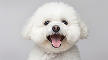 A cute white bichon dog with its tongue out, posing on a gray background. Generative AI.