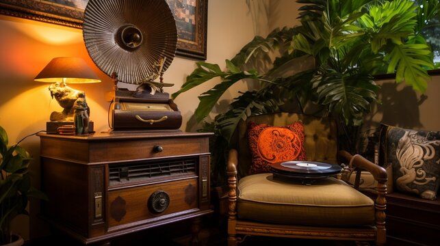 A cozy corner with a vintage Krishna gramophone, inviting you to listen to devotional melodies.