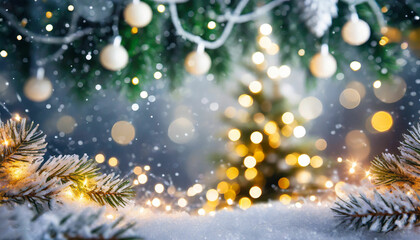 Fototapeta na wymiar holiday winter scene Christmas tree with bokeh light