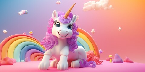 Unicorn gracefully positioned on a rainbow,