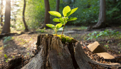 young tree emerging from old tree stump