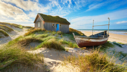 Fototapeta na wymiar an old abandoned fisherman s house and a wooden boat in sand dunes overgrown with grass on the seashore