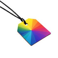 Etiqueta orgulho LGBTQIA+. Etiqueta retangular de arco-íris, pendurada por um cordão, visto de perto, isolado em fundo transparente.
