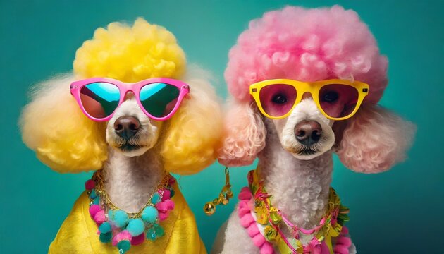 two adorable poodles wearing sunglasses with vibrant colored frames and yellow pink hair adorned with vintage accessories studio shot ai generative image