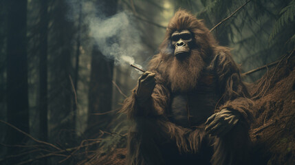 The mysterious Bigfoot ape smokes a cigarette in the jungle - obrazy, fototapety, plakaty