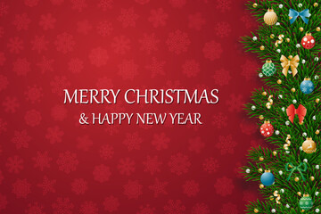 Fototapeta premium Christmas banners with decorated branches. With snow on a red background. Festive header design. Concept for holiday, winter holidays, New Year, Christmas