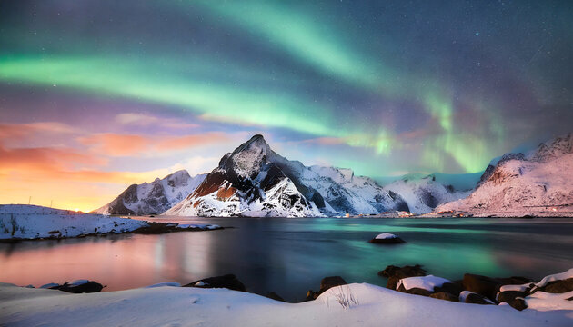 amazing wintry landscape of lofoten fantastic winter seascape during sunset majestic mountains with northern lights picturesque nature scenery creative image nature background traveling concept