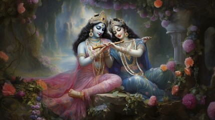 A divine tableau of Krishna and Radha, captured in exquisite detail on a wall in a spiritual retreat. - obrazy, fototapety, plakaty