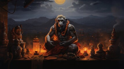 A dramatic twilight scene with Hanuman's idol illuminated by oil lamps. - obrazy, fototapety, plakaty