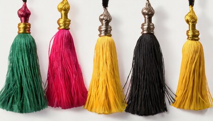 five different color tassels isolated on white background - obrazy, fototapety, plakaty