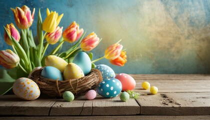 easter holiday background with easter eggs and tulip flowers on wooden table